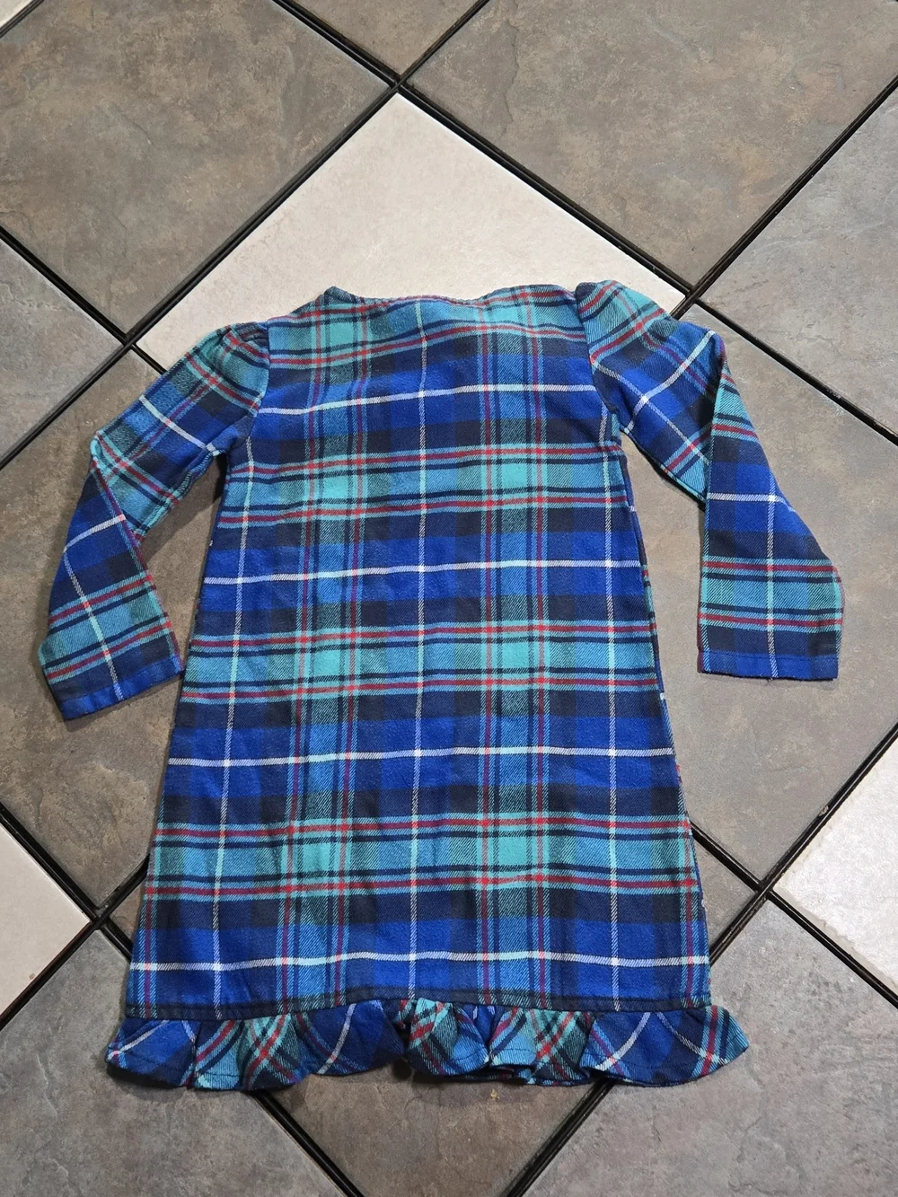 Lands' End Plaid Flannel Nightgown Girls 3T Blue Teal Long Sleeve Cozy Sleepwear